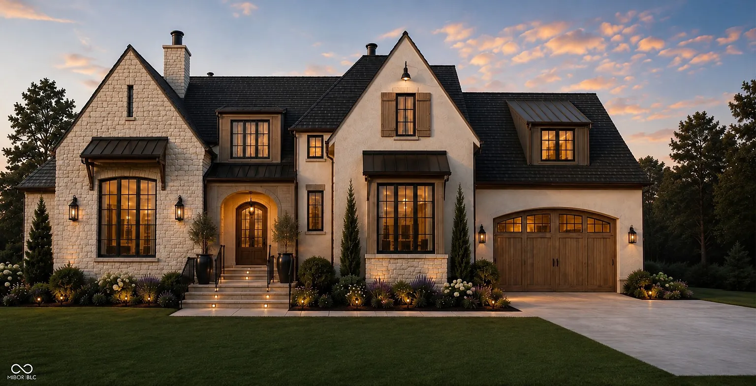 Custom home plan at 20838 Promontory Lane in Chatham Hills, Westfield, with stone and stucco exterior, arched wood entry door and warm evening lighting.