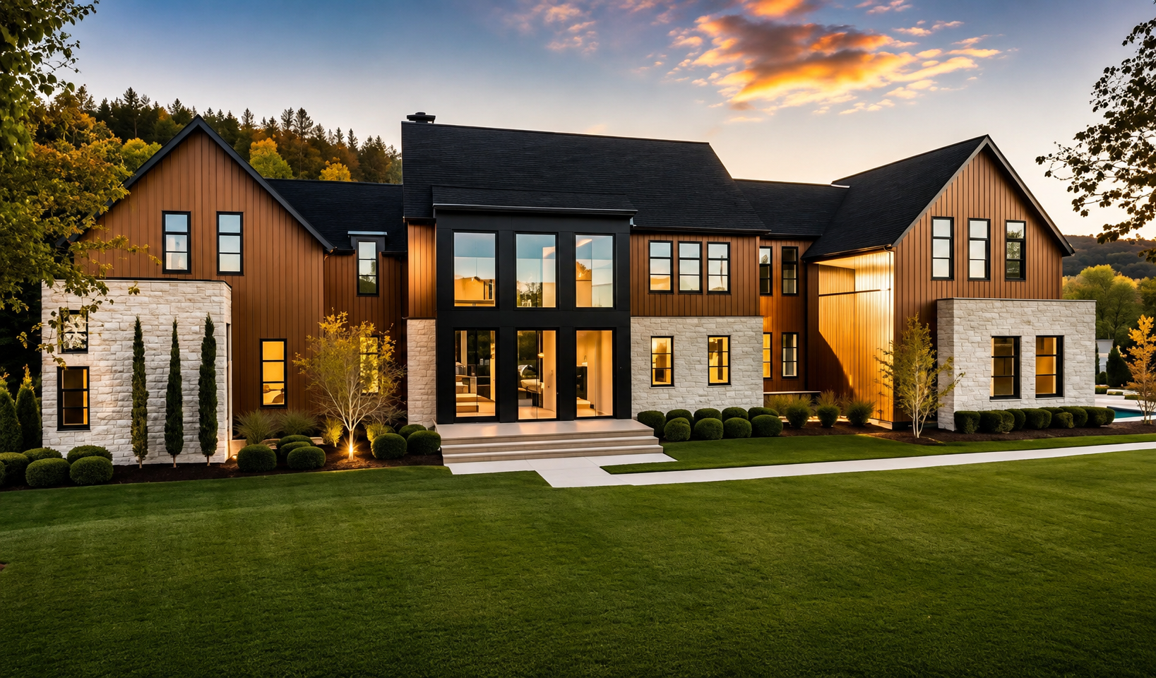 Modern farmhouse custom home exterior with warm wood siding, white stone wings, black roof and tall black framed windows at sunset